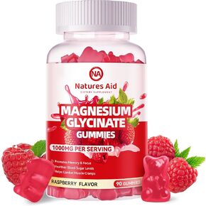 Magnesium Glycinate Gummies 1000mg - Sugar Free Magnesium Potassium Supplement with Vitamin D, B6, CoQ10 for Calm Mood & Sleep Support - 90 Raspberry Gummies.