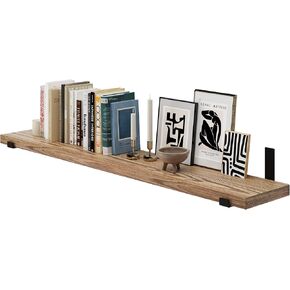 رف خشبي من Wallniture Forte مقاس 54 بوصة × 9.25 بوصة للجدار، رف لغرفة المعيشة، رف كتب مثبت على الحائط، رف عائم على الحائط، محروق، خشب