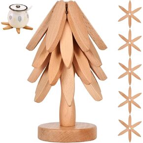 Wooden Trivets for Hot Dishes，Tree Shape Trivet Set，Beech Wood Tree Shape Trivets for Hot Pots and Pans (5 Layers+1 Stand)