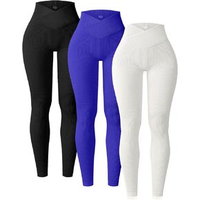 YOAKUKA 3 Piece Yoga Leggings Women's Ribbed Seamless High Waist Cross Over Workout Leggings Gym Athletic Pants