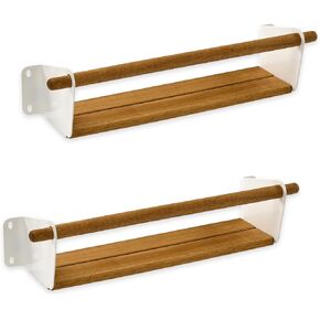 Set of 2 Acacia Wood Floating Wall Shelves, 15"x0.8"x2.7" Wall Mounted Storage Shelf, Hanging Organizer Shelf for Kitchen, Bathroom, Living Room.(Natural Color, White Metal Guardrail)