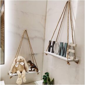 2-Piece Rustic White Wood Shelf Set, Hanging Floating Shelves with 4 Hooks and Ropes, Modern Style for Kitchen, Bathroom, Living Room