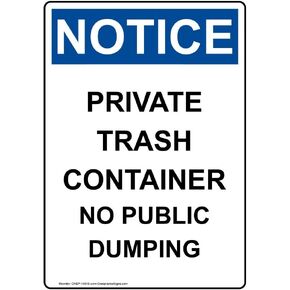 ComplianceSigns.com Vertical Notice Private Trash Container No Public Dumping OSHA Sign, 10x7 inch Plastic for Recycling/Trash/Conserve