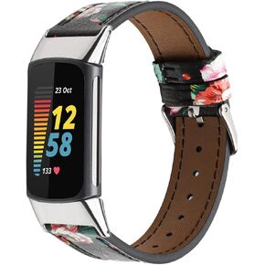 Genuine Leather Bands Compatible with Fitbit Charge5 Strap, Adjustable Leather Sport Replacement Watch Band Straps Wristbands Bracelet for Charge 5 Activity Tracker Women Men (Safflower),