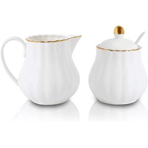 Ceramic Sugar and Creamer Set, 3 Piece with Cream Pitcher, Sugar Bowl with Lid and Spoon,Coffee and Tea Serving Set (White with blue flower)