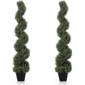 Two 4 Foot Outdoor Artificial Boxwood Spiral Topiary Trees UV Rated Plants