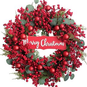idyllic 22" Artificial Christmas Front Door Wreath, Red Green Wreath Decorated with Eucalyptus Leaves, Ball Ornaments, Red Berry Cluster, Indoor Outdoor Home Wall Window Porch Decor