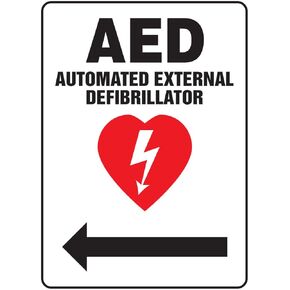 Accuform MFSD420VP Plastic Safety Sign, "AED AUTOMATED External DEFIBRILLATOR (Arrow Left)" with Graphic, 14" Length x 10" Width x 0.055" Thickness, Red/Black on White
