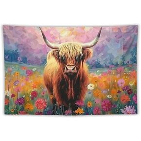 GerRiT Highland بقرة الزهور المائية نمط الملك حجم نسيج الأعلام نسيج لغرفة المعيشة غرفة جدار ديكور كبير جدار الفن المفروشات 40 "× 60" in Kuwait