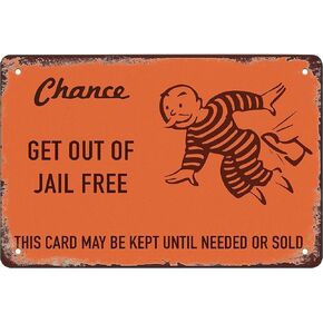 SaNavie Chance Card Vintage Monopoly Get Out of Jail Free Metal Tin Sign Wall Decor Funny Metal Tin Sign 8"x12" Inch Aluminum Sign for Cafe Bar Bedroom Wall Decorative Art Tin Sign