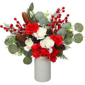 28pcs Christmas Artificial Flower Bouquet Artificial Silk Rose Pine Branches Pine Cone Berry Eucalyptus Leaves Fake Christmas Flower For Winter Party Decoration DIY Indoor Table Centerpiece