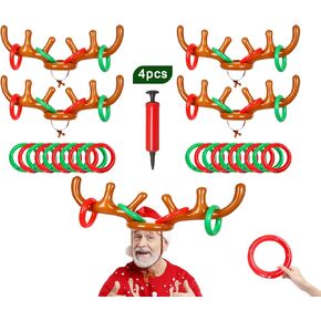 Inflatable Reindeer Antler Ring Toss Game,2024 Christmas Games Ring Toss, Christmas Party Antler Hat Games, Christmas Party Games for Family(4 Antlers 16 Rings1 Air Pump)
