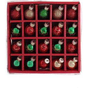 25MM Miniature Red, Green and Gold Glass Ball Ornaments, 20-Piece Box Set for Christmas