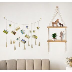 Boho Wall Decor of 2 Tier Hanging Shelf for Wall and Photo Wall Display for Living/Bedroom/Bathroom/Kitchen/Study/Balcony