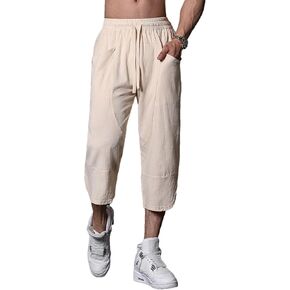 Men's Summer Capri Pants Elastic Waist with Drawstring Cotton Linen Casual Beach Pants with Pockets