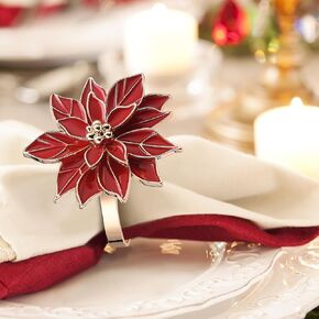 Christmas Poinsettia Flower Napkin Rings Set of 6, Handmade Christmas Flower Napkin Rings Holders, Artificial Flower Winter Napkin Rings Table Decor for Home Party Wedding(red)