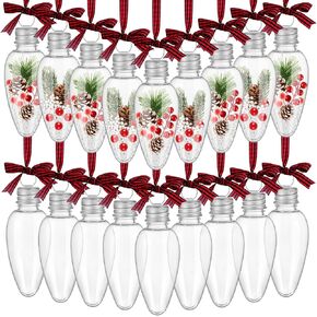 26 Pcs 3.4 Inch Christmas Fillable Clear Bulbs Ornaments Bulb Bulk Plastic Hanging Fillable Ornaments Light Bulb Ornaments with Screw Off Cap and Ribbon for DIY Crafts Candy Home Xmas Tree Party Decor