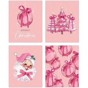 TLESKE Pink Winter Merry Christmas Coquette Bow Posters Prints Unframed Set of 4 for Teen Girls Dorm Bedroom Living Room, Santa Claus Christmas Ball Pine Trees Wall Art Prints Pictures Decor, 8x10in
