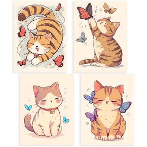 Generic Cat Wall Art with Colorful Butterfly Wall Art Print -Cat Poster Painting for Home Wall Decor Cute Cat Posters for Cat Lovers - Set of 4 (8 * 10Inch,Unframed)