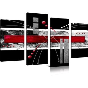 YPY Large Black Red Canvas Wall Art - 4 Panels Modern Abstract Picutre Set for Home Decoration - Contemporary Painting Artwork Ready to Hang Living Room Bedroom W48 x H36
