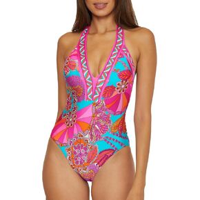 Trina Turk Women's Standard Meilani One Piece Swimsuit, Plunge Neck, Floral Print, Bathing Suits