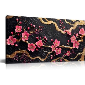 CANEITO Flower Wall Art for Bedroom, Plum Blossom Canvas Wall Decor for Living Room, Red Black and Gold Picture Print Artwork for Office, Size 40 x 20 Inches