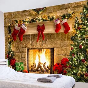 HVEST Christmas Fireplace Tapestry Wall Hanging Christmas Tree with Christmas Stocking Decor Wall Tapestry Xmas Tapestry Warm Christmas Wall Art for Bedroom Room Dorm Outdoor Decor, 80Wx60H inches