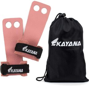KAYANA 2 Hole Leather Gymnastics Hand Grips - Palm Protection and Wrist Support for Cross Training, Kettlebells, Pull ups, Weightlifting, Chin ups, Workout, & Exercise (Youth Pink, Medium)