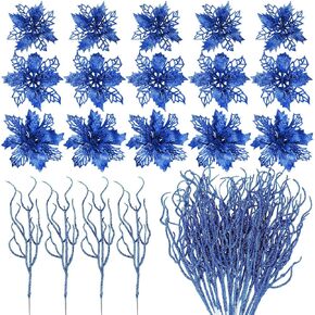 Yinder 48 Pcs Glitter Christmas Tree Filler Decorations Set 24 Pcs 13.7'' Christmas Curly Spray Picks 24 Christmas Poinsettia Flowers Artificial Twigs for Xmas Party Wreath Table Centerpiece (Blue)