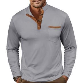 قمصان هينلي بياقة واقفة للرجال وأكمام طويلة، بلوفر أساسي، وقميص رياضي كاجوال، وأزرار، مع جيوب in Kuwait