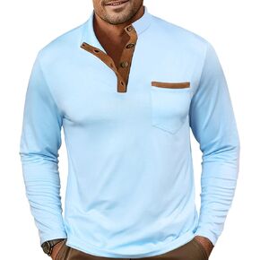 Men's Stand Collar Henley Shirts Long Sleeve Basic Pullover Shirt Casual Athletic Button Tees with Pockets