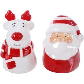 The Bridge Collection Christmas Santa & Reindeer Salt and Pepper Shakers - Festive Santa Claus Ceramic Salt & Pepper Shaker Set - Holiday Kitchen Tabletop Decor