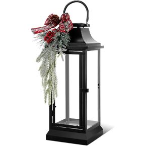 Nuogo 24Inch Large Metal Christmas Candle Lanterns with Glass Panels and Red Decorative Ribbon Black Hanging Vintage Lantern for Table Porch Home Party Decor Gift Indoor Outdoor, Candle Not Includes