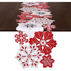 Grelucgo Embroidered Red, Silver and White Snowflake Table Runner, Christmas Party Decor, Winter Holiday Decorations (14x34 inches)