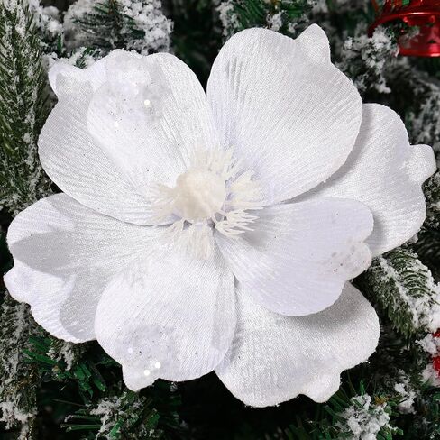 10’’ Large Glitter Christmas Flowers 6 Pcs Artificial Magnolia Flower Velvet Fold Christmas Tree Flower Decorations Xmas Tree New Year Party Wedding Ornaments (White) in Kuwait