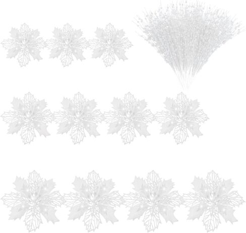 48 Pieces Christmas Tree Picks Ornaments 24 Christmas Poinsettia Flowers (3/4/6 Inch) 24 Artificial Berry Stem Glitter Sticks Christmas Picks Branches Holiday Wedding Party Decoration(Blue) in Saudi Arabia