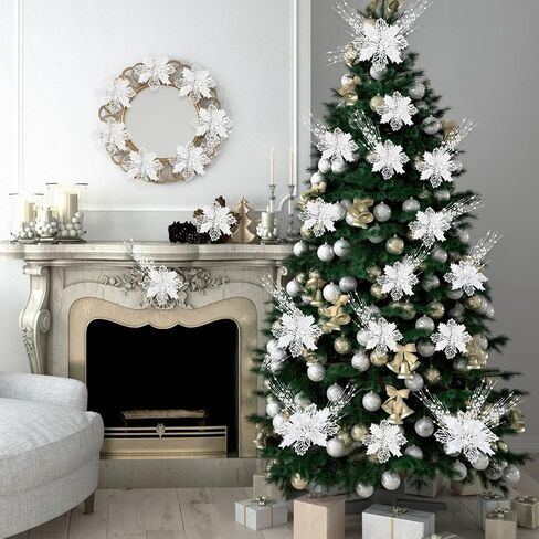 48 Pieces Christmas Tree Picks Ornaments 24 Christmas Poinsettia Flowers (3/4/6 Inch) 24 Artificial Berry Stem Glitter Sticks Christmas Picks Branches Holiday Wedding Party Decoration(Blue) in Saudi Arabia