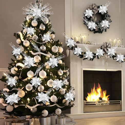 48 Pieces Christmas Tree Picks Ornaments 24 Christmas Poinsettia Flowers (3/4/6 Inch) 24 Artificial Berry Stem Glitter Sticks Christmas Picks Branches Holiday Wedding Party Decoration(Blue) in Saudi Arabia