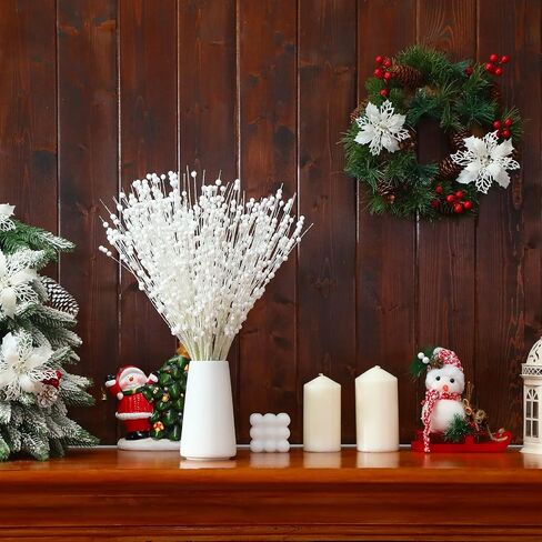 48 Pieces Christmas Tree Picks Ornaments 24 Christmas Poinsettia Flowers (3/4/6 Inch) 24 Artificial Berry Stem Glitter Sticks Christmas Picks Branches Holiday Wedding Party Decoration(Blue) in Saudi Arabia