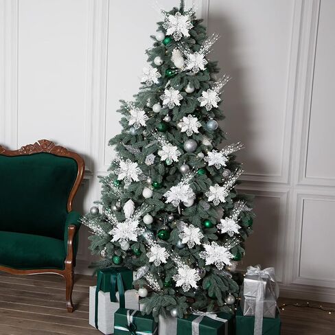 48 Pieces Christmas Tree Picks Ornaments 24 Christmas Poinsettia Flowers (3/4/6 Inch) 24 Artificial Berry Stem Glitter Sticks Christmas Picks Branches Holiday Wedding Party Decoration(Blue) in Saudi Arabia