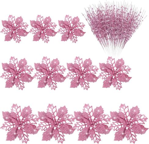 48 Pieces Christmas Tree Picks Ornaments 24 Christmas Poinsettia Flowers (3/4/6 Inch) 24 Artificial Berry Stem Glitter Sticks Christmas Picks Branches Holiday Wedding Party Decoration(Blue) in Saudi Arabia