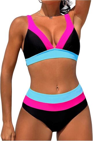 بدلة استحمام نسائية SweatyRocks Colorblock Criss Cross عالية الخصر بيكيني طقم ملابس سباحة مكون من قطعتين in Saudi Arabia