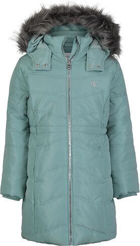 Calvin Klein Girls' Hooded Winter Puffer Jacket, Full-Length Heavy Weight Coat with Fleece Lining, Aerial Black, 8-10 in Kuwait