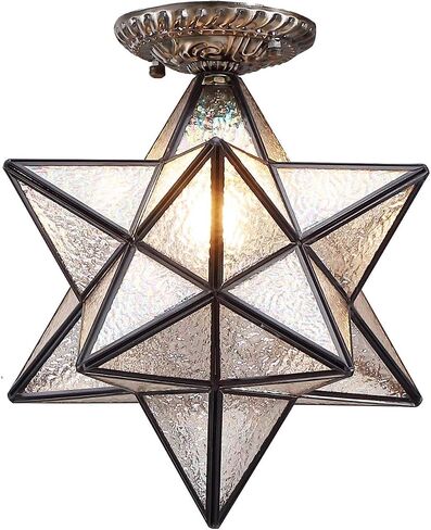 Bieye L10821 12-inch Moravian Star Tiffany Style Stained Glass Semi Flush Mount Ceiling Fixture, Suitable for Decorating Room (Clear Glass) in Kuwait