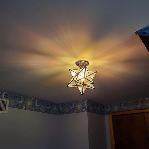 Bieye L10821 12-inch Moravian Star Tiffany Style Stained Glass Semi Flush Mount Ceiling Fixture, Suitable for Decorating Room (Clear Glass) in Kuwait