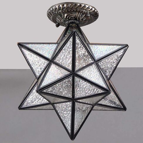 Bieye L10821 12-inch Moravian Star Tiffany Style Stained Glass Semi Flush Mount Ceiling Fixture, Suitable for Decorating Room (Clear Glass) in Kuwait