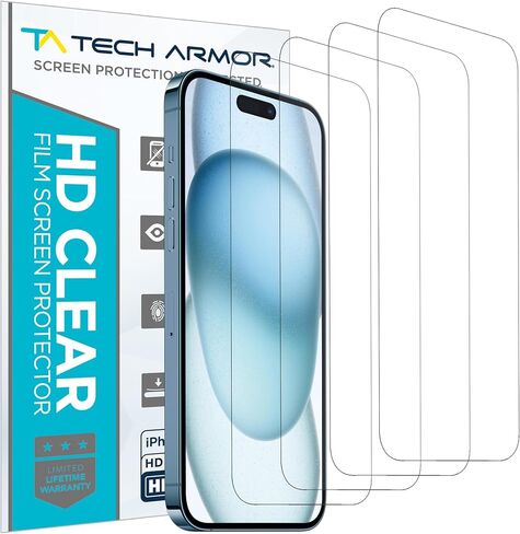 واقي شاشة Tech Armor لهاتف iPhone 15 Pro Max مقاس 6.7 بوصة - فيلم شفاف عالي الدقة، حماية فائقة للشاشة، وضوح كريستالي واضح، سهل التركيب، جودة ممتازة، 4 عبوات in Kuwait