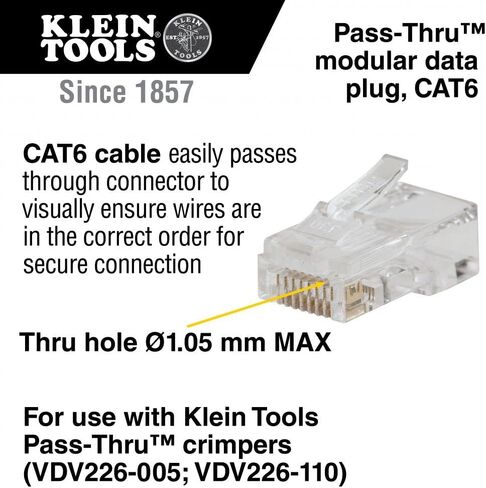 Klein Tools VDV826-702 قابس بيانات معياري للتمرير، RJ45 CAT5E، مطلي بالذهب، موصلات المرور 50 حزمة in Saudi Arabia