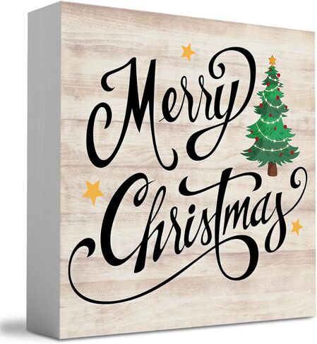 شجرة عيد الميلاد المرحة الرجعية مع علامة صندوق خشبي على شكل نجمة، ديكور عمل فني لبيت المزرعة لعيد الميلاد سانتا، علامات مربعة خشبية للمكتب، علامات على رف المنزل، ديكور المكتب، 5 × 5 بوصات in Kuwait