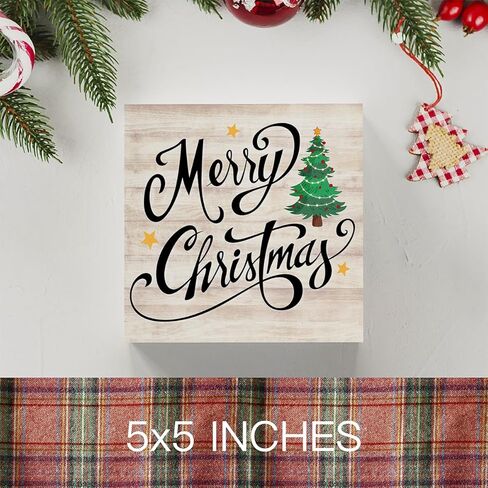 شجرة عيد الميلاد المرحة الرجعية مع علامة صندوق خشبي على شكل نجمة، ديكور عمل فني لبيت المزرعة لعيد الميلاد سانتا، علامات مربعة خشبية للمكتب، علامات على رف المنزل، ديكور المكتب، 5 × 5 بوصات in Kuwait